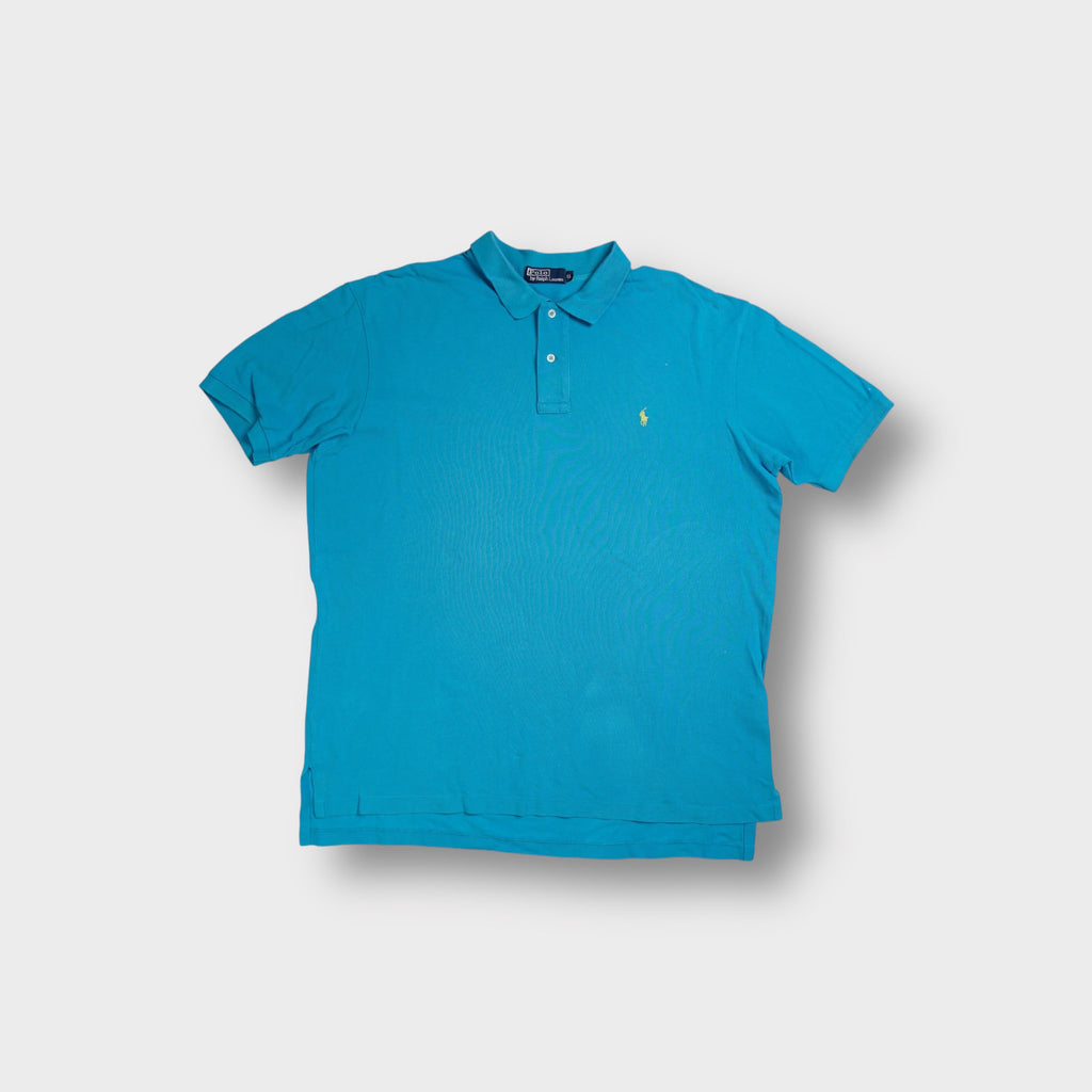 Ralph Lauren polo shirt in blue with a small yellow embroidered logo on the chest