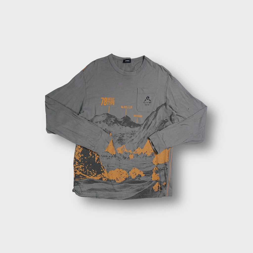 Diesel grey long-sleeve top with orange graphic print and chest pocket