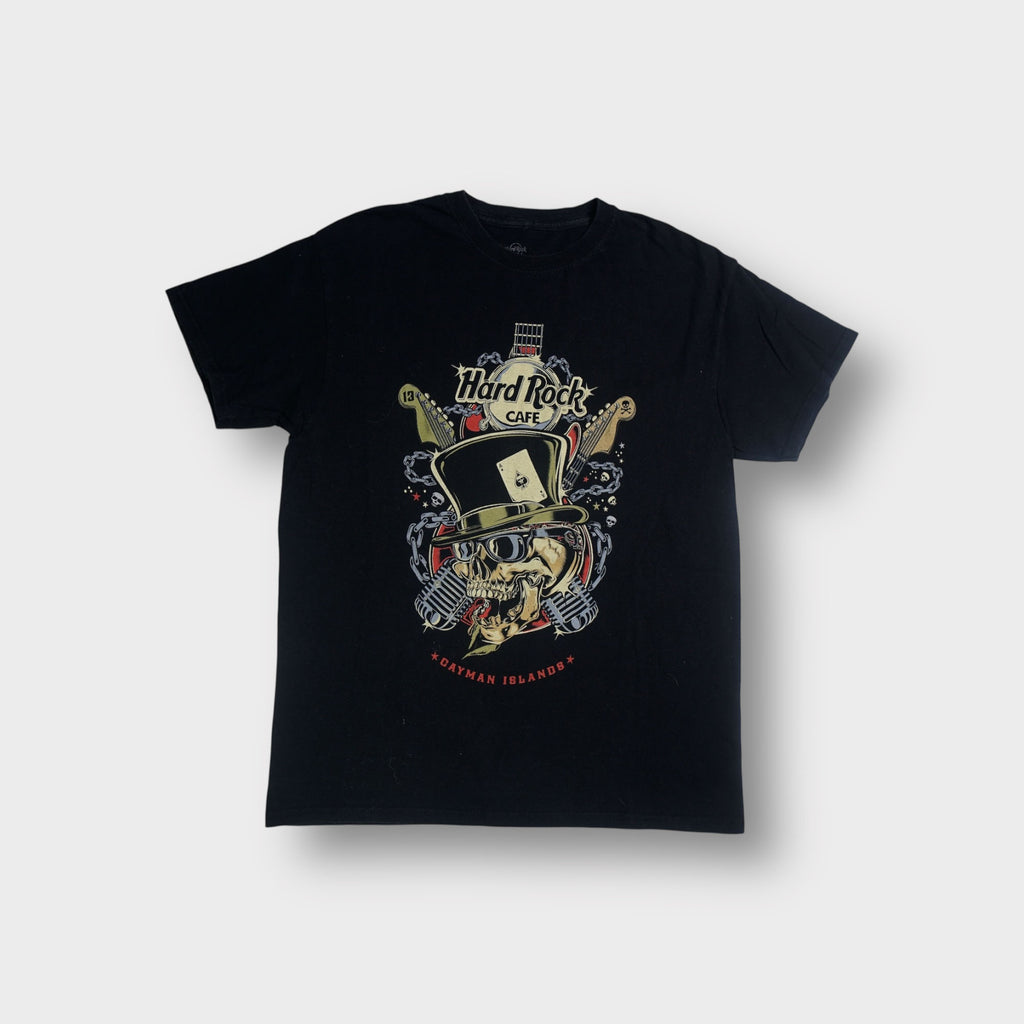 Hard Rock Cafe black T-Shirt featuring a front skull graphic with top hat and guitars.