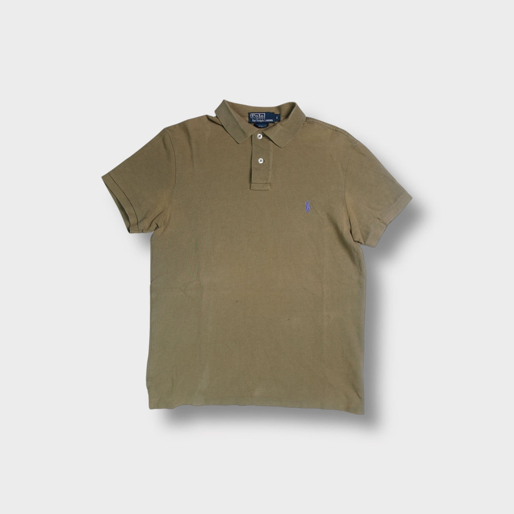 Ralph Lauren polo shirt in brown with a purple embroidered pony logo on the chest.
