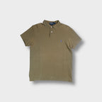 Ralph Lauren polo shirt in brown with a purple embroidered pony logo on the chest.