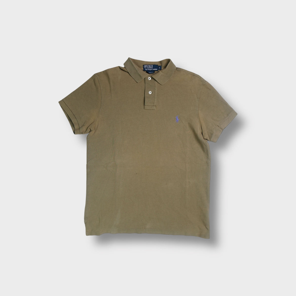 Ralph Lauren polo shirt in brown with a purple embroidered pony logo on the chest.