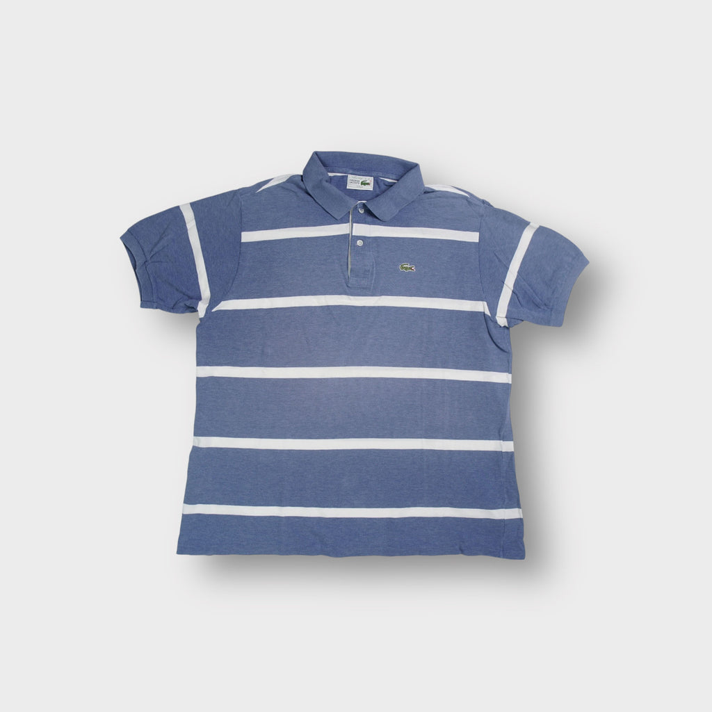 Lacoste polo shirt in blue with horizontal white stripes and embroidered chest logo.