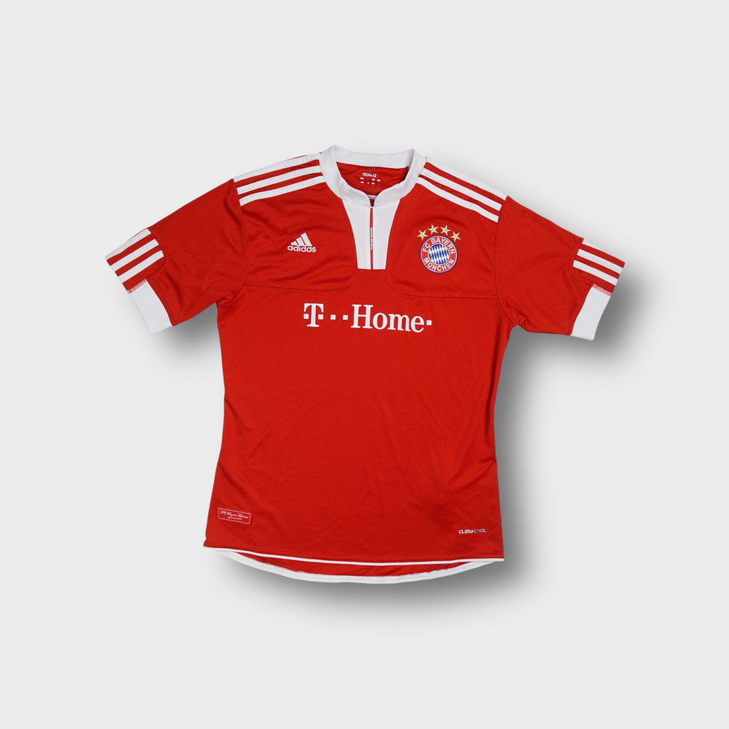 Adidas FC Bayern Munich red football jersey featuring white T-Home print and chest crest.
