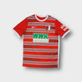 Nike football jersey in red with FC Augsburg crest and striped front pattern