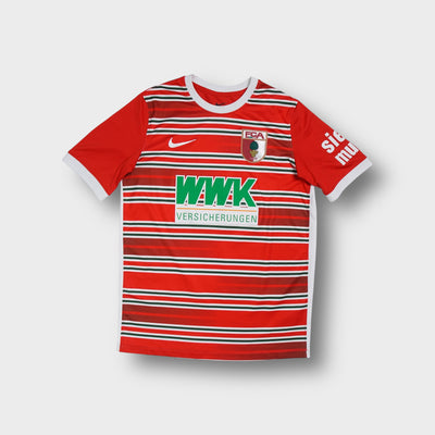 Nike football jersey in red with FC Augsburg crest and striped front pattern