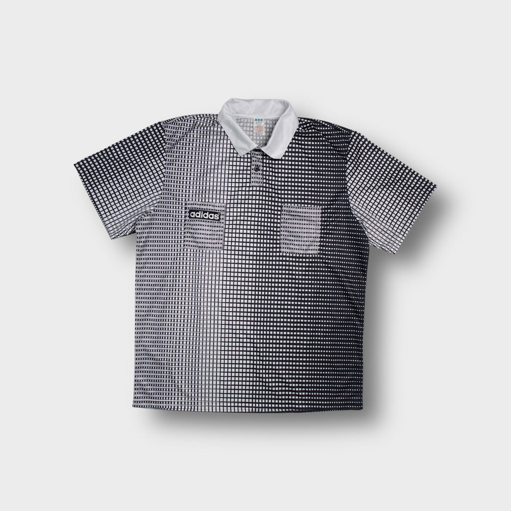 Adidas referee jersey in white with black checkerboard gradient print and white collar