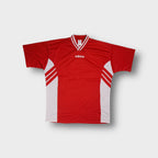 Vintage Adidas red jersey with white striped V-neck collar and chest logo