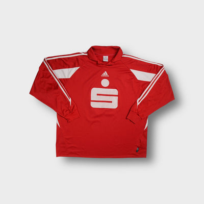 Adidas long-sleeve jersey in red featuring white Sparkasse logo and collar