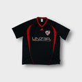 Adidas jersey in black featuring red V-neck collar, SC Neudörfl crest, and sponsor print