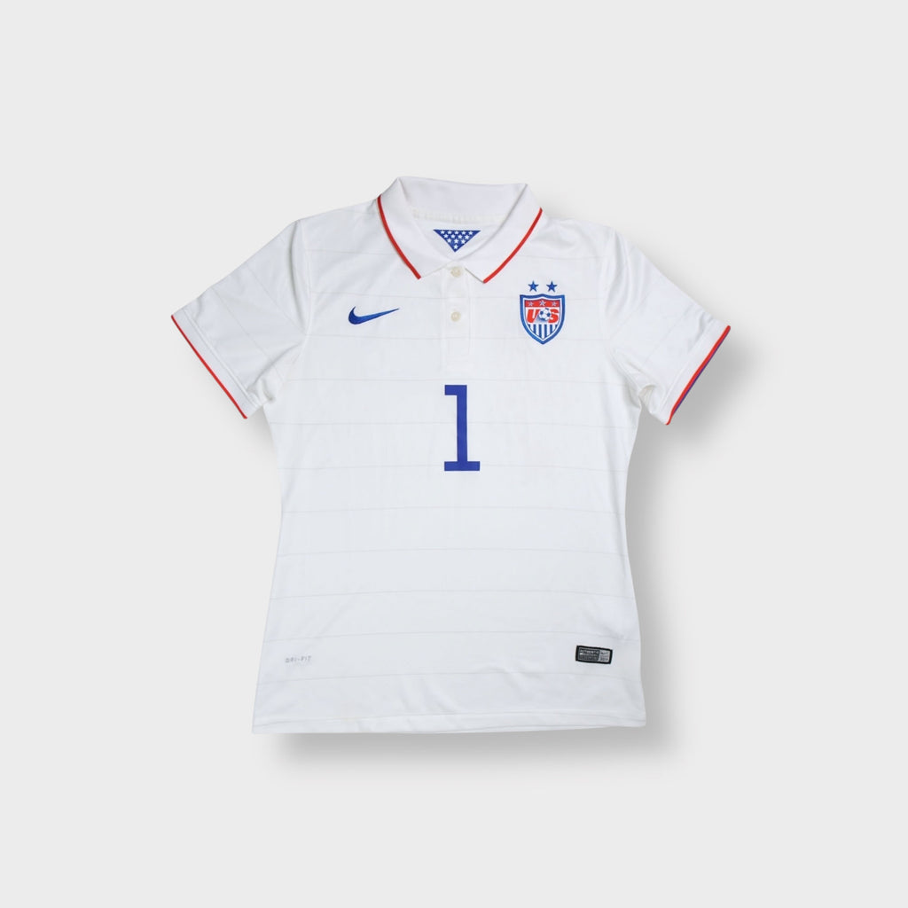 White Nike USA women's jersey featuring an embroidered team crest and polo collar