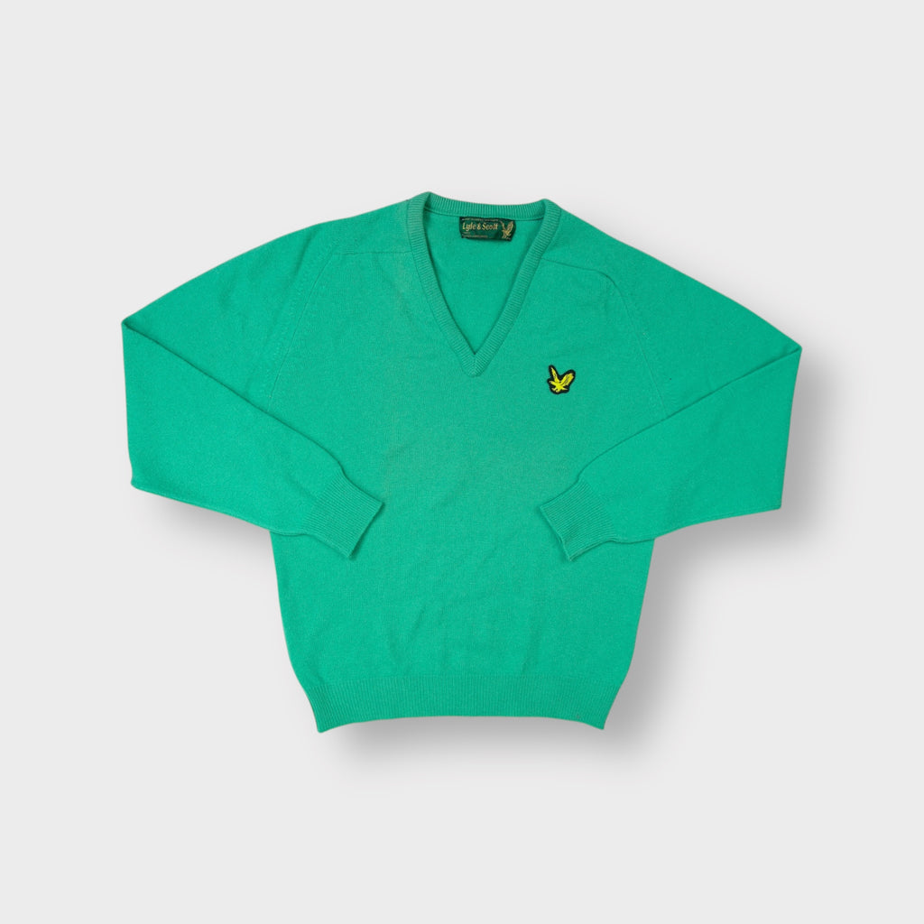 Lyle & Scott green knit V-neck sweater with yellow eagle patch on chest