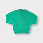 Lyle & Scott green knit V-neck sweater with yellow eagle patch on chest