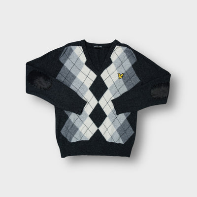Lyle & Scott knit sweater in black with a grey argyle pattern and elbow patches