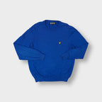 Lyle & Scott blue crew-neck sweater with an embroidered golden eagle on the chest.