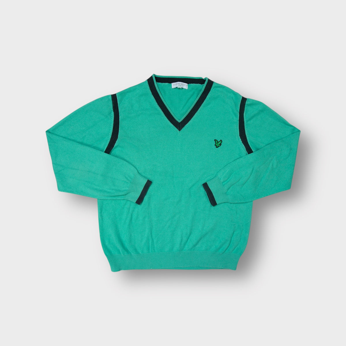 Lyle & Scott knit sweater in turquoise featuring contrast trim and embroidered eagle logo