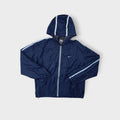 Vintage Nike blue hooded jacket with full front zip and white sleeve piping