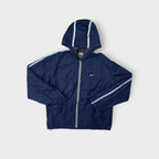 Vintage Nike blue hooded jacket with full front zip and white sleeve piping
