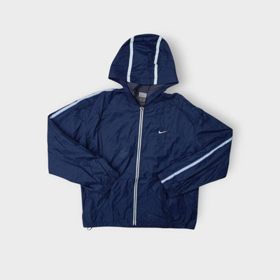 Vintage Nike blue hooded jacket with full front zip and white sleeve piping