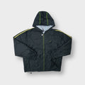 Dark grey Nike hooded full-zip jacket with green shoulder stripes and embroidered Swoosh logo