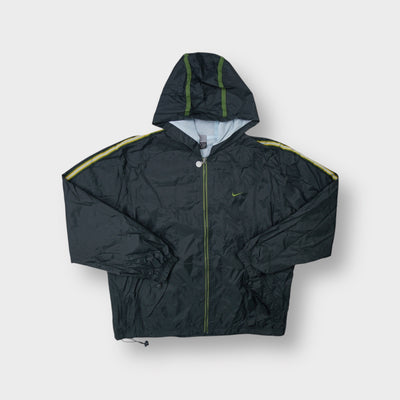 Dark grey Nike hooded full-zip jacket with green shoulder stripes and embroidered Swoosh logo