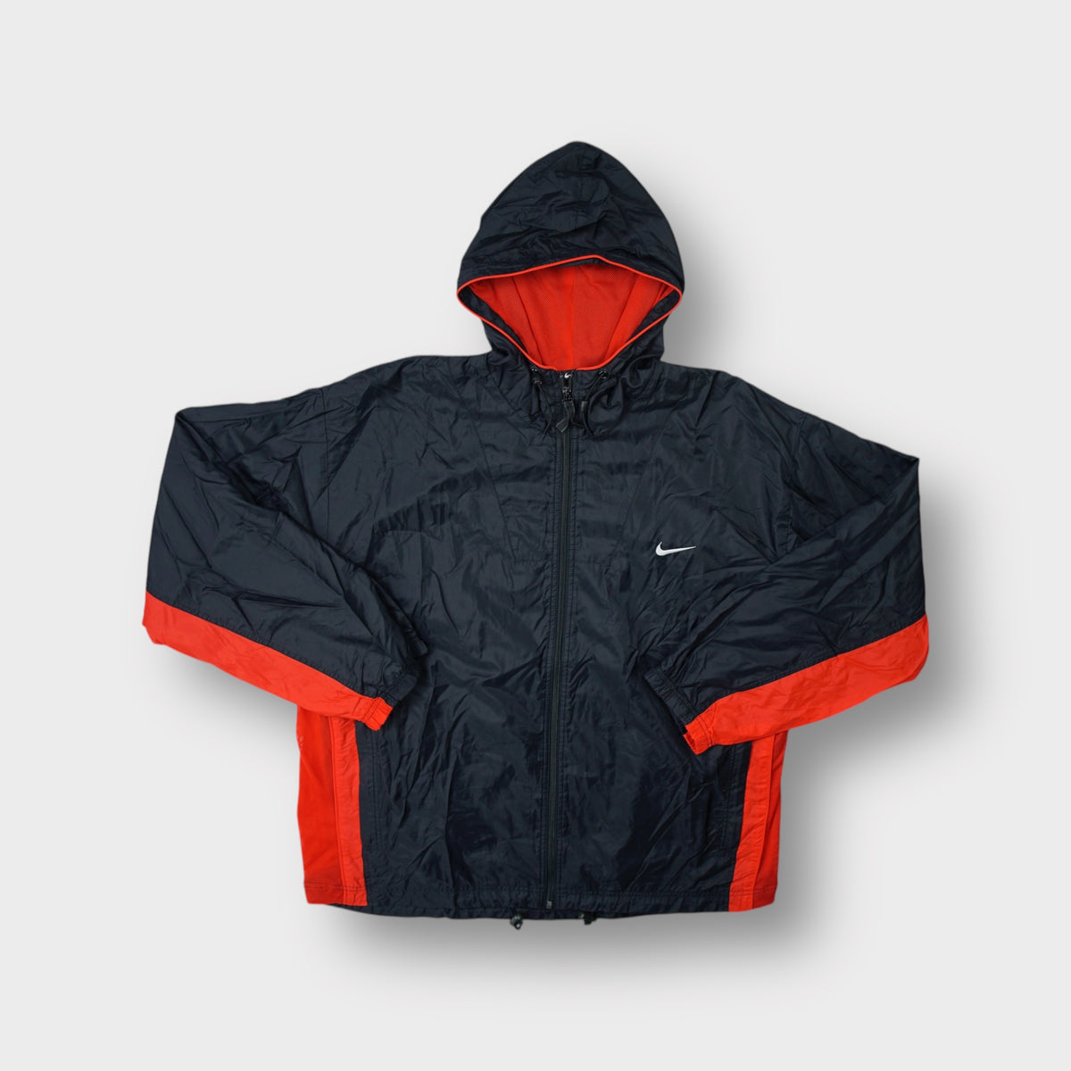 Nike black and red full zip jacket with hood and white swoosh logo