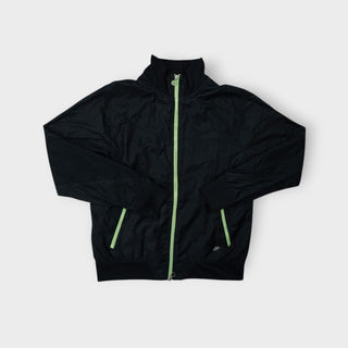 Nike jacket in black featuring a high collar and contrasting neon green zippers
