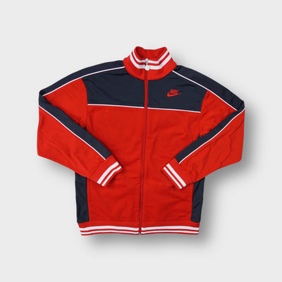 Nike track jacket in red and navy featuring Hackney Marsh back print and embroidered logo