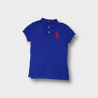 Ralph Lauren blue short-sleeve polo shirt with a large red embroidered pony logo