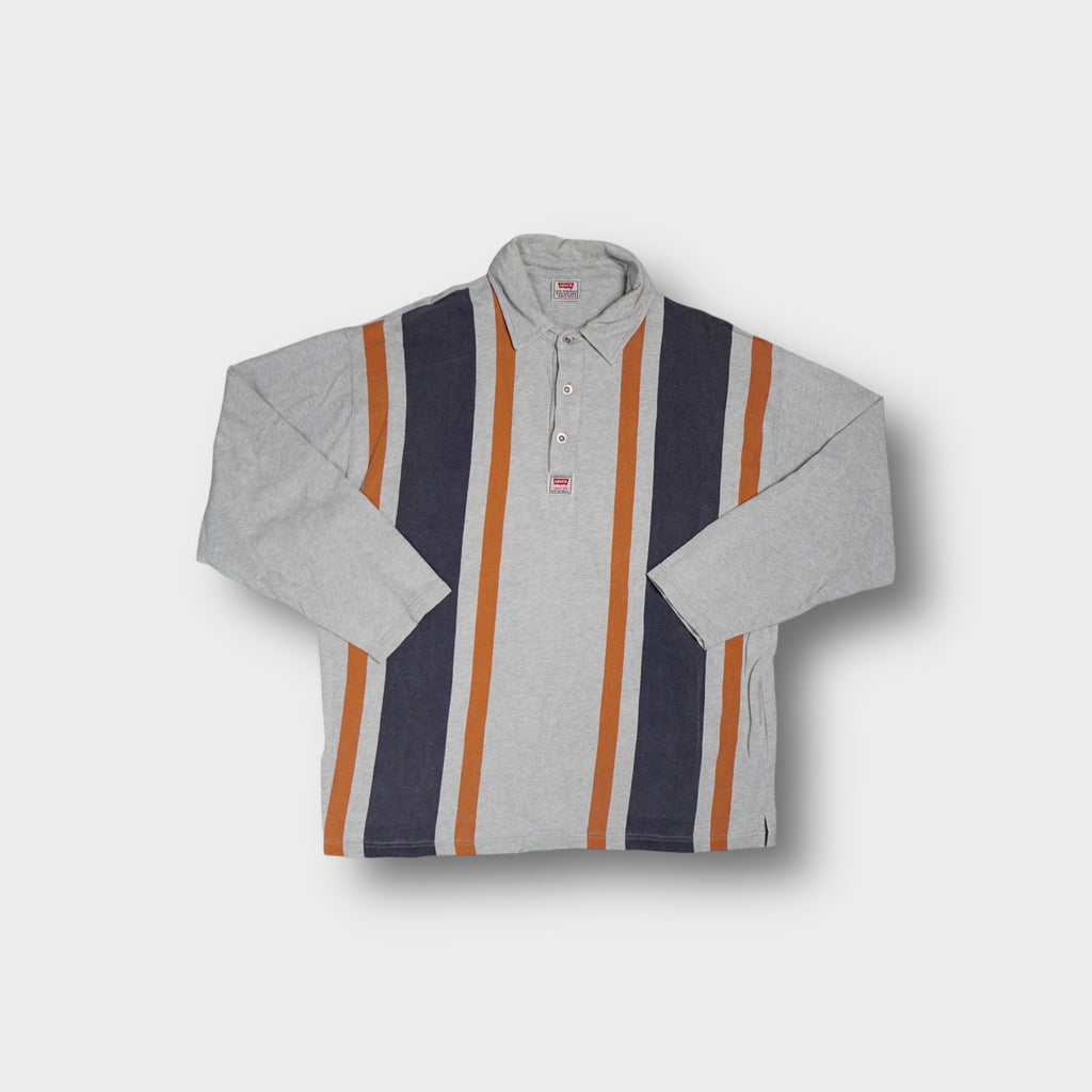 Levi's long-sleeve polo sweater in grey featuring vertical orange and navy stripes.
