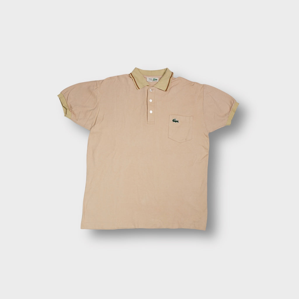 Beige Lacoste polo shirt with contrasting tipped collar and chest pocket patch