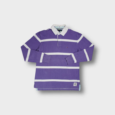 Tommy Hilfiger rugby sweater in purple with white horizontal stripes and contrast collar