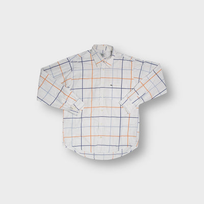 Lacoste long-sleeve shirt in white with orange and blue grid lines and chest logo