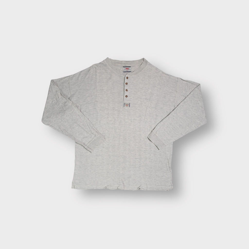 Levi's grey henley sweater with four front buttons and a small logo patch