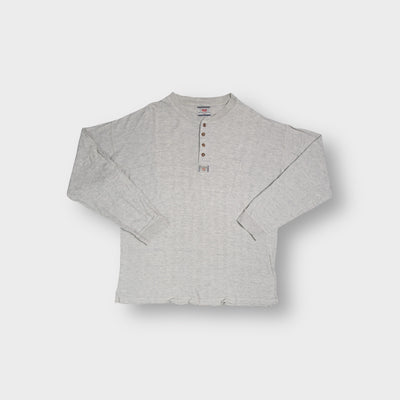 Levi's grey henley sweater with four front buttons and a small logo patch