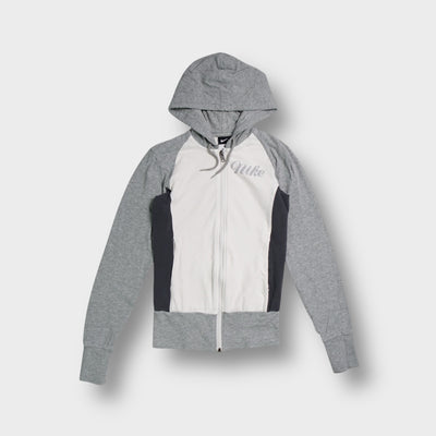 Nike zip hoodie in white and grey with cursive script logo printed on the chest