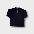 Chaps Ralph Lauren sweater in navy blue featuring a buttoned henley neck and small woven patch