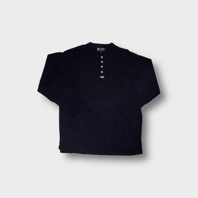 Chaps Ralph Lauren sweater in navy blue featuring a buttoned henley neck and small woven patch
