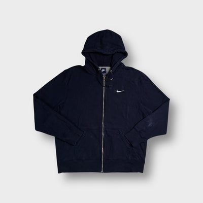 Nike zip hoodie in navy blue with a small white embroidered swoosh on the chest