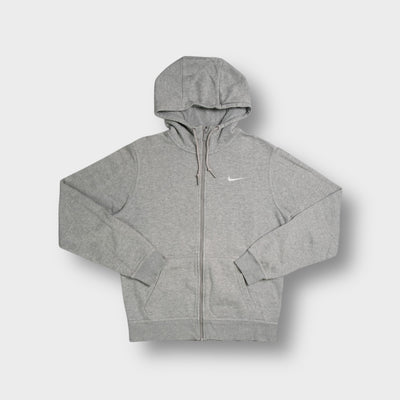 Grey Nike zip hoodie featuring an embroidered white Swoosh logo on the chest