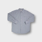 Lacoste long-sleeve button-up shirt in grey with a check pattern and embroidered crocodile.
