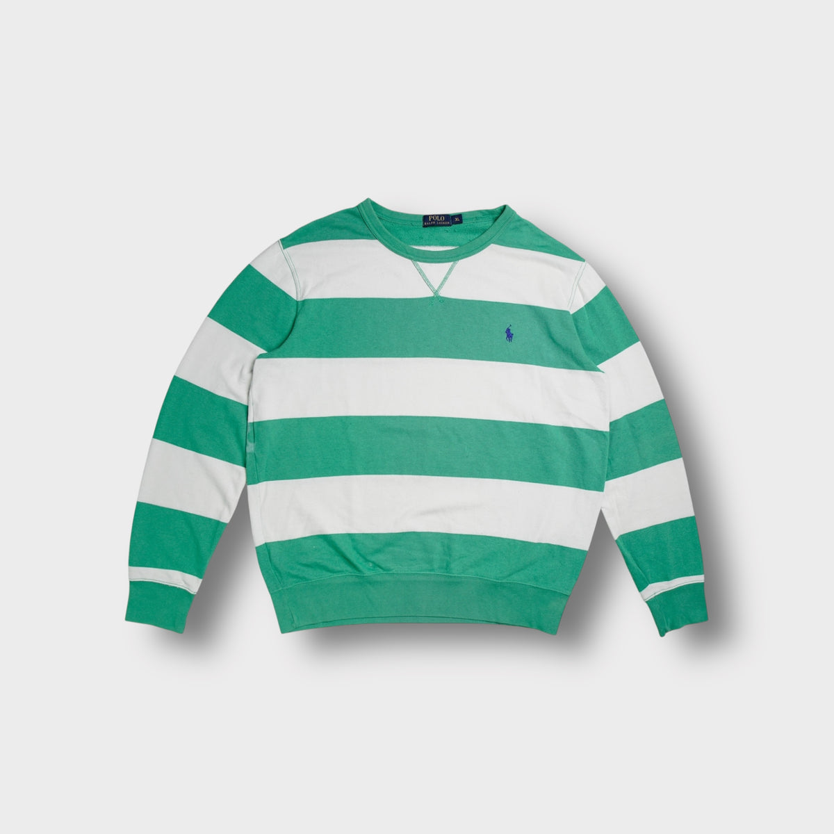 Ralph Lauren sweater in white and green stripes with small embroidered polo player logo.