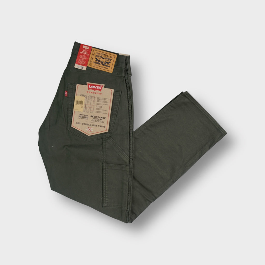 Levi's khaki workwear pants featuring double knee panels and paper tags on the back pocket