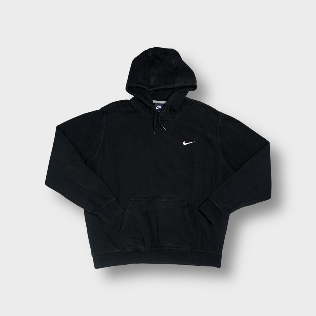 Nike navy blue hoodie sweater with a small white embroidered swoosh logo on chest