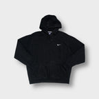 Nike navy blue hoodie sweater with a small white embroidered swoosh logo on chest