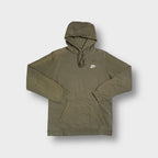 Khaki Nike hoodie featuring a small white embroidered logo on the chest