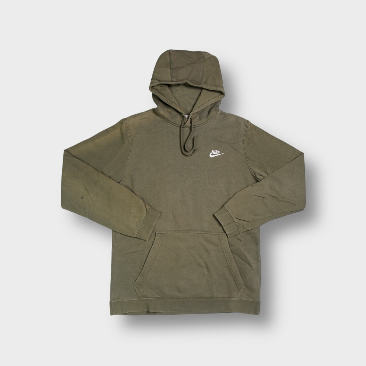 Khaki Nike hoodie featuring a small white embroidered logo on the chest