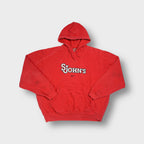 Red Nike hoodie with white embroidered St. John's lettering and small swoosh