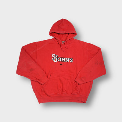 Red Nike hoodie with white embroidered St. John's lettering and small swoosh