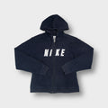 Nike full-zip hoodie in navy blue featuring white applique lettering across the chest.